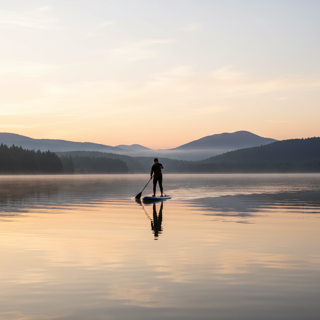 Person paddleboarding on calm lake