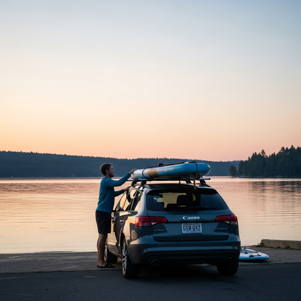 Paddler loading a board at a calm lake launch at first light, timing the conditions window